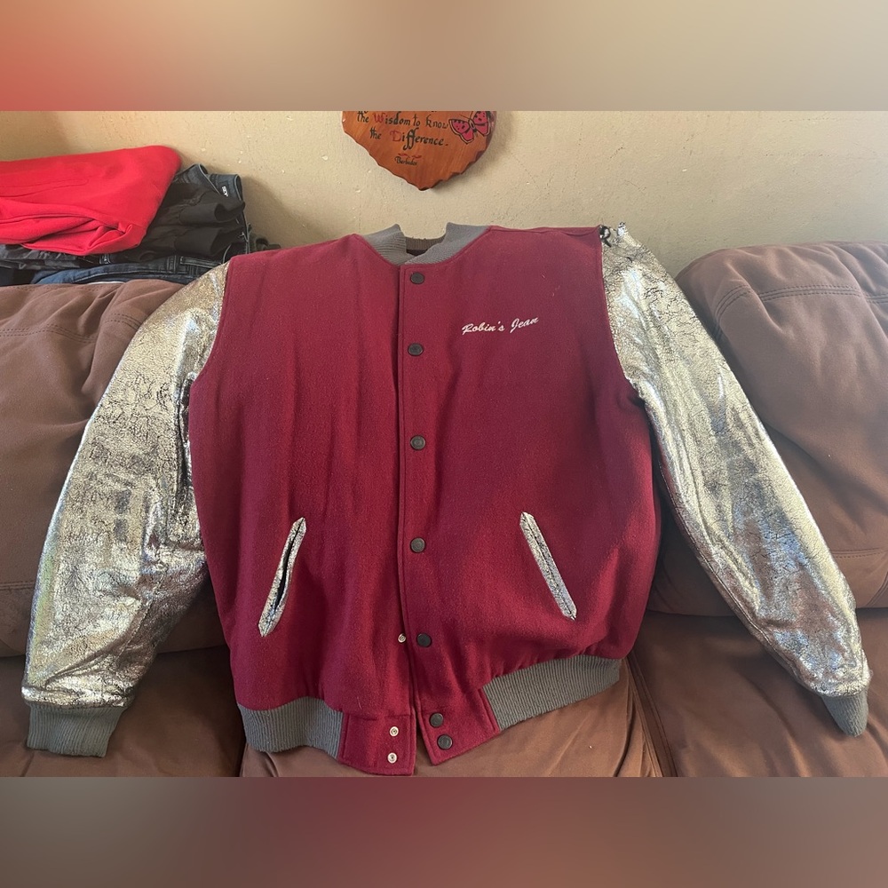 ROBINS Maroon & Silver Varsity Jacket Sz: XL Orig: $779 PreOwned Rip on shoulder